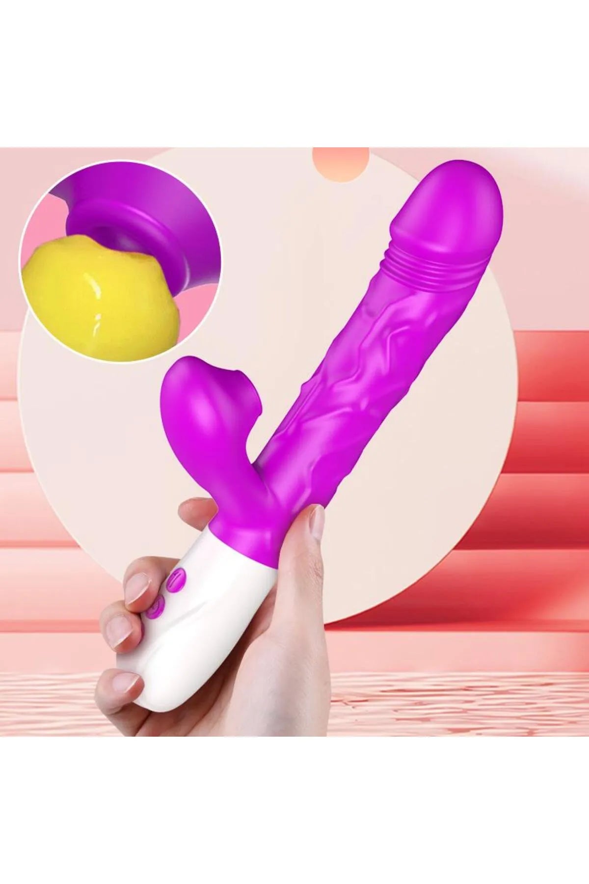 Akıllı Isıtmalı İleri Geri Hareketli G-Spot ve Klitoris Emiş Uyarıcı 2 in 1 Yapay Penis Rabbit DİLDO