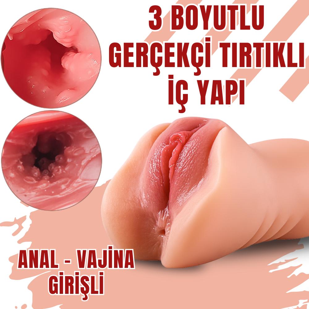 Realistik Dokulu Anal Vajinal 2 in 1 Titreşimli Suni Vajina